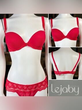 Lejaby Red Lace Moulded Cup Balconnette Bra w/ Interchangeable Straps, 36A & 32C